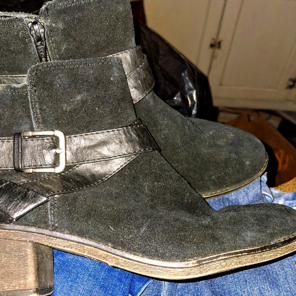 MERONA Black Suede Ankle boots w/ belt and buckle on them, MERONA BOOTS